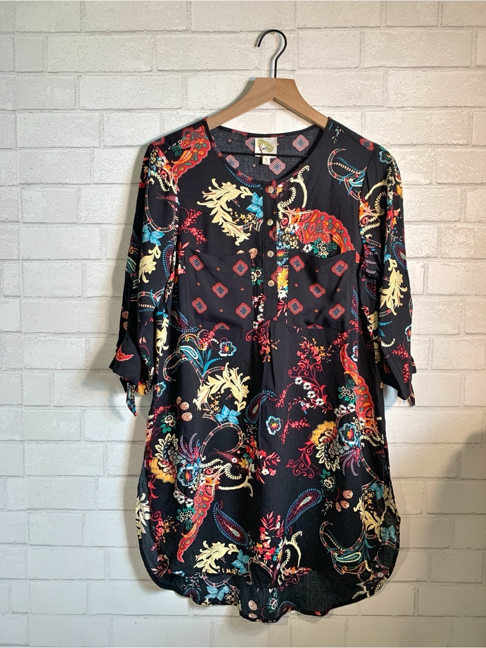 Anthropologie fig and flower Black Paisley Button-Front Mini Shirt Dress